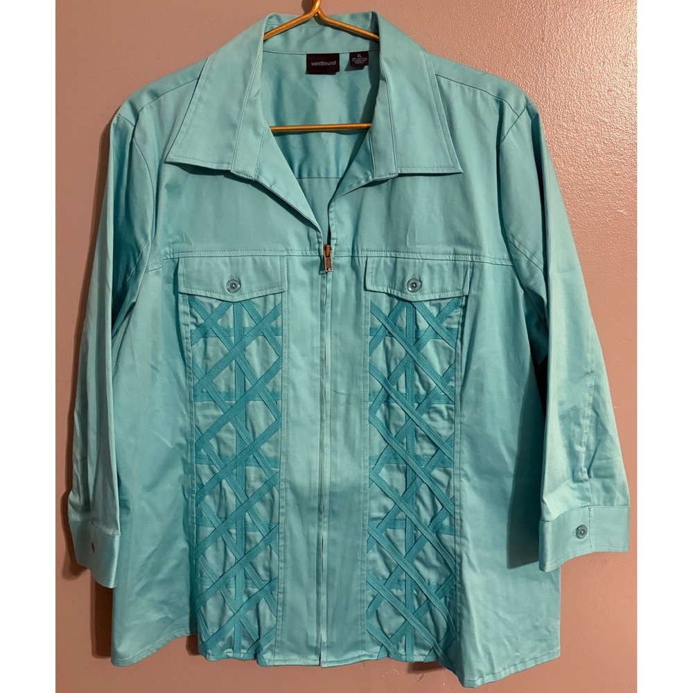 Westbound Womens Turquoise Blue Lattice Embroidered Zip Front Shirt Jacket XL